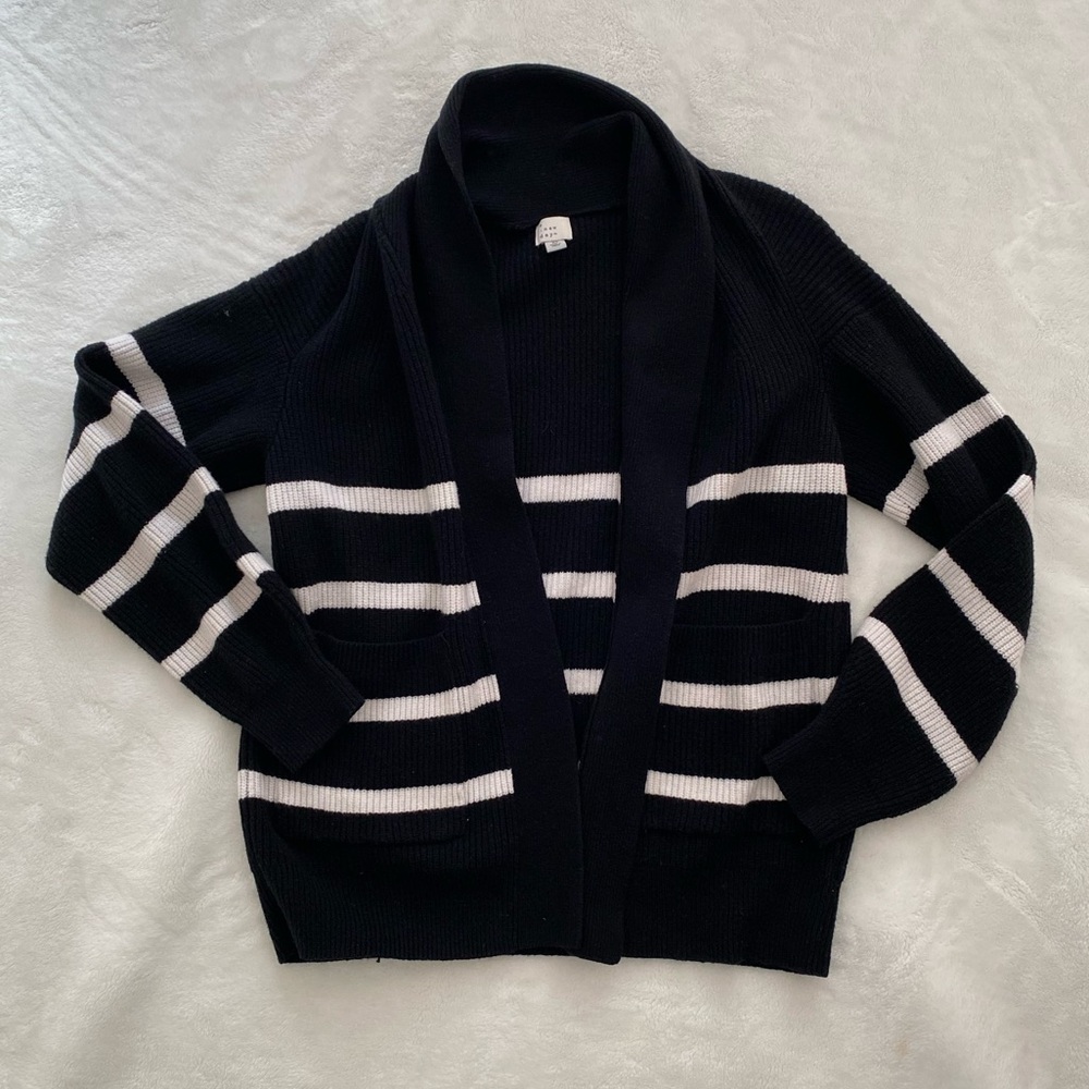 A New Day Black & White Striped Women's Open Front Knit Cardigan XS Preppy